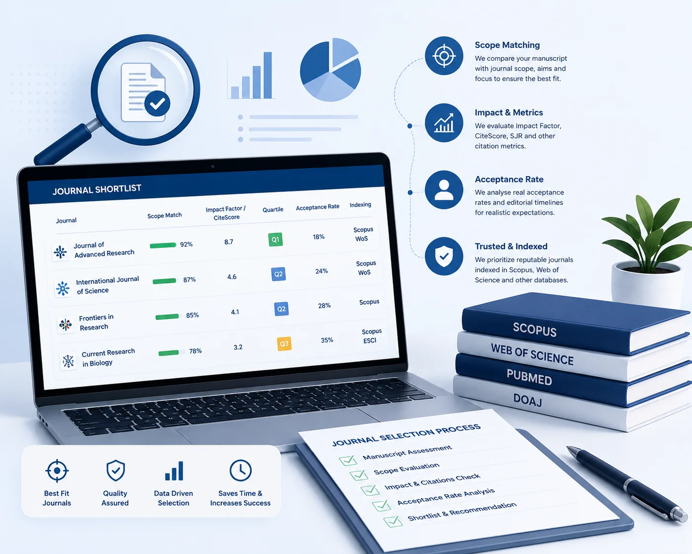 Journal selection process comparing research scope, impact metrics and acceptance suitability